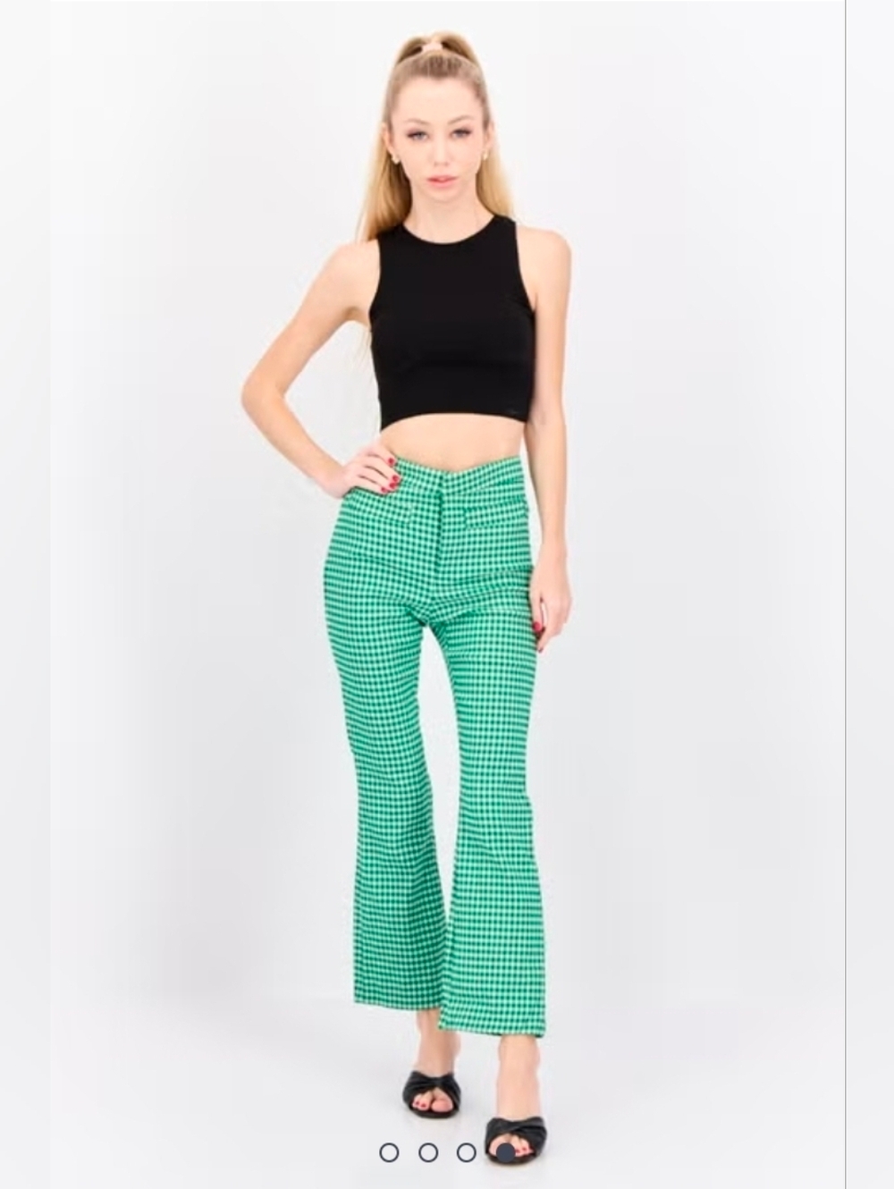 Mango Green Gingham High Waist Flare Pants